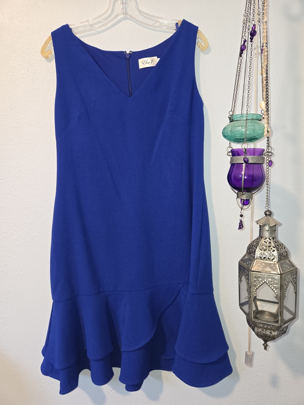 Eliza J Sz 12 Royal Blue Sleeveless Skater Midi Dress V-Neck Ruffle Hem